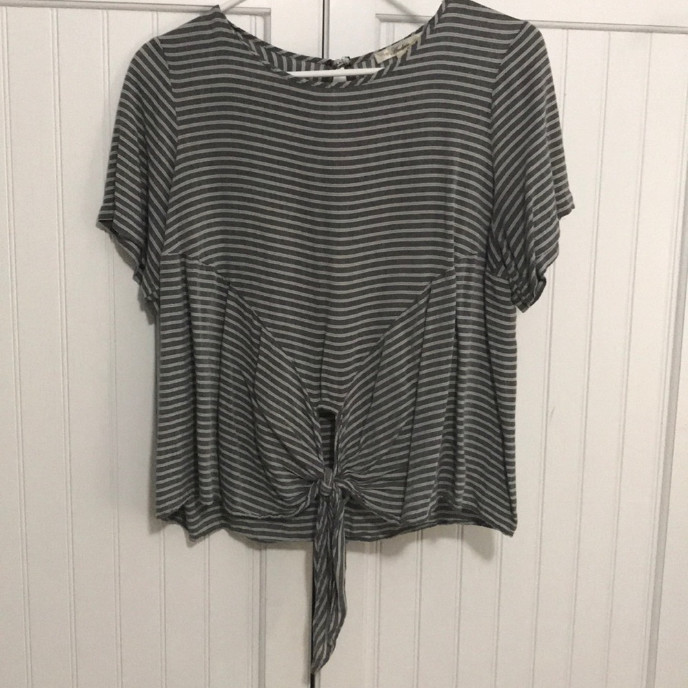 Grey and White Striped Tied Front Shirt